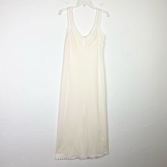 Vintage Vassarette Cream Ivory Lace Trim Slitted Back Hem Maxi Slip Dress Sz S - Picture 1 of 8